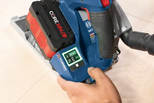 Bosch cordless track saw battery charge LED display.
