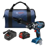 Bosch GSB18V-1330C HD drill, CORE18V battery, charger and blue bag, with "BOSCH" logos.