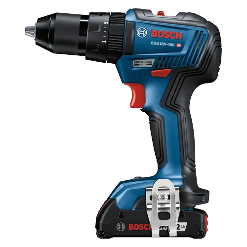Bosch GSB 18V-490 HD cordless drill, with "BRUSHLESS MOTOR" and 2 Ah battery.