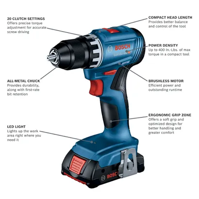 Bosch GSR18V-400 HD cordless drill, with 20 clutch settings, all-metal chuck, LED light, brushless motor, ergonomic grip zone, and up to 400 In.-Lbs. of max torque.