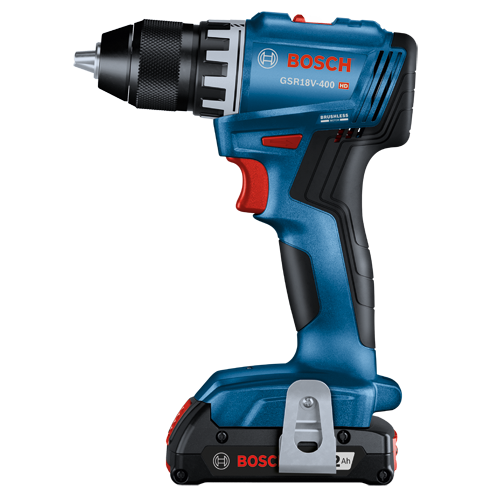 Bosch GSR18V-400 HD brushless motor drill with 2Ah battery.