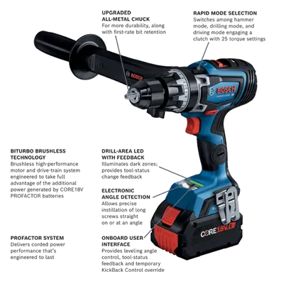 Bosch GSB18V-1330C HD drill, features include UPGRADED ALL-METAL CHUCK, RAPID MODE SELECTION, BITURBO BRUSHLESS TECHNOLOGY, DRILL-AREA LED WITH FEEDBACK, ELECTRONIC ANGLE DETECTION, PROFACTOR SYSTEM, ONBOARD USER INTERFACE, and CORE 18V battery.