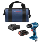 Bosch GSR18V-400 HD drill, battery charger, 18V 2Ah battery, and carrying bag.