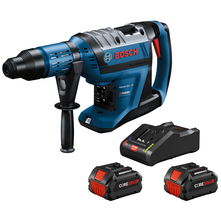 Bosch GBH18V-45C HD BITURBO BRUSHLESS hammer drill with two CORE 18V 8Ah batteries and a charger.