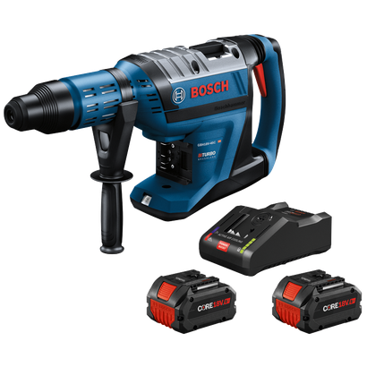 Bosch GBH18V-45C HD BITURBO BRUSHLESS hammer drill with two CORE 18V 8Ah batteries and a charger.