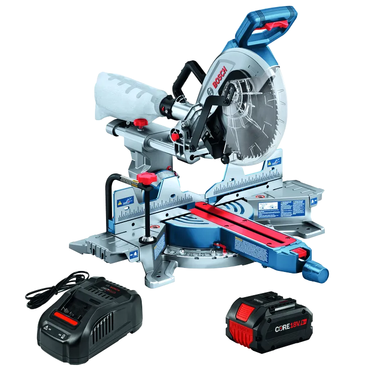 Bosch miter saw, with charger and CORE 18V battery. Visible text: "BOSCH", "CORE 18V 8Ah".