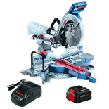 Bosch miter saw, with charger and CORE 18V battery. Visible text: "BOSCH", "CORE 18V 8Ah".