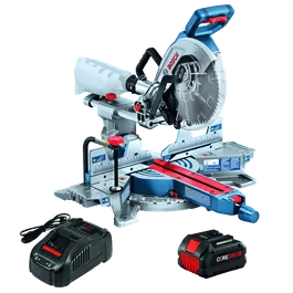 Bosch miter saw, with charger and CORE 18V battery. Visible text: "BOSCH", "CORE 18V 8Ah".