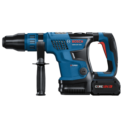 Bosch GBH18V-36C cordless rotary hammer, with BITURBO BRUSHLESS, and CORE18V 8 Ah battery.