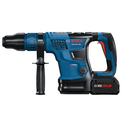 Bosch GBH18V-36C cordless rotary hammer, with BITURBO BRUSHLESS, and CORE18V 8 Ah battery.