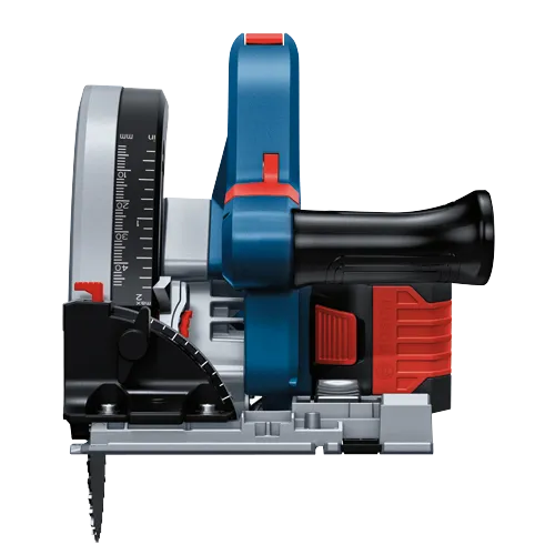 Bosch electric saw with measurements in "mm" and "in".