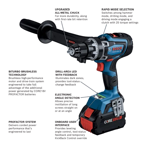 Bosch GSR18V-1330C HD drill with upgraded all-metal chuck, rapid mode selection, and electronic angle detection; Biturbo brushless technology, drill-area LED with feedback, onboard user interface, and PROFACTOR system.