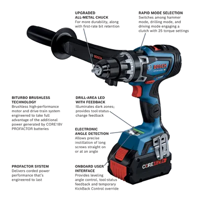 Bosch GSR18V-1330C HD drill with upgraded all-metal chuck, rapid mode selection, and electronic angle detection; Biturbo brushless technology, drill-area LED with feedback, onboard user interface, and PROFACTOR system.