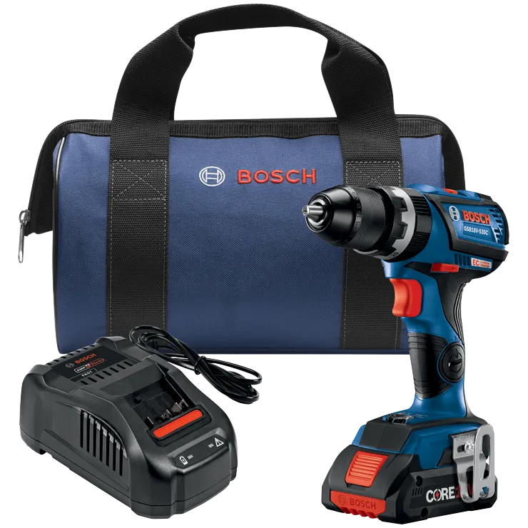 Bosch GSB18V-535C cordless drill with charger and carrying bag. Visible text includes "BOSCH", "CORE", "AMP", "Share", and "FAST".