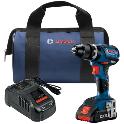 Bosch GSB18V-535C cordless drill with charger and carrying bag. Visible text includes "BOSCH", "CORE", "AMP", "Share", and "FAST".