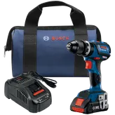 Bosch GSB18V-535C cordless drill with charger and carrying bag. Visible text includes "BOSCH", "CORE", "AMP", "Share", and "FAST".