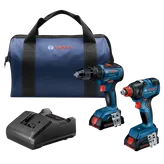 Bosch tool set including a bag, two cordless drills (GSB18V-490, GDX18V-1800), and a charger.