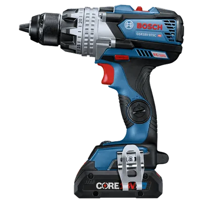 Bosch GSR18V-975C HD drill with EC brushless motor. Visible text: "CORE 18V Ah".