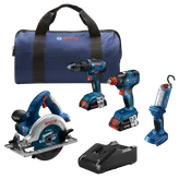 Bosch CCS180 6 1/2" circular saw, GSB18V-490 drill, GDX18V-1800HD impact driver, GLI18V-300 work light, charger, and a blue carrying bag.