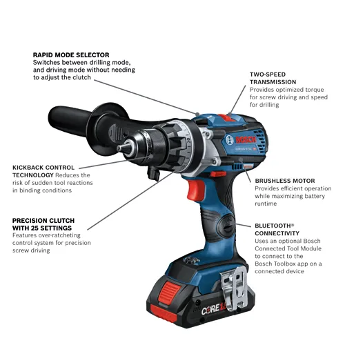Bosch GSR18V-975C HD drill, with Rapid Mode Selector, Kickback Control Technology, Precision Clutch with 25 Settings, Two-Speed Transmission, Brushless Motor and Bluetooth® Connectivity.