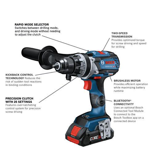 Bosch GSR18V-975C HD drill, with Rapid Mode Selector, Kickback Control Technology, Precision Clutch with 25 Settings, Two-Speed Transmission, Brushless Motor and Bluetooth® Connectivity.