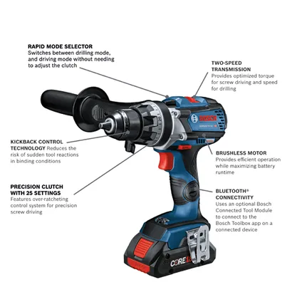 Bosch GSR18V-975C HD drill, with Rapid Mode Selector, Kickback Control Technology, Precision Clutch with 25 Settings, Two-Speed Transmission, Brushless Motor and Bluetooth® Connectivity.