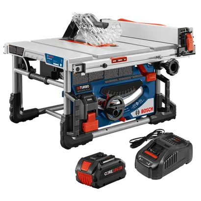 Bosch GTS18V-08 table saw, with CORE18V 8Ah battery, and charger.