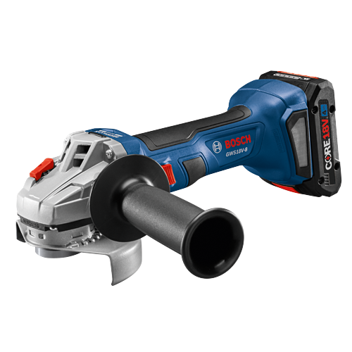 Bosch GWS18V-8 angle grinder with CORE18V 4 Ah battery.