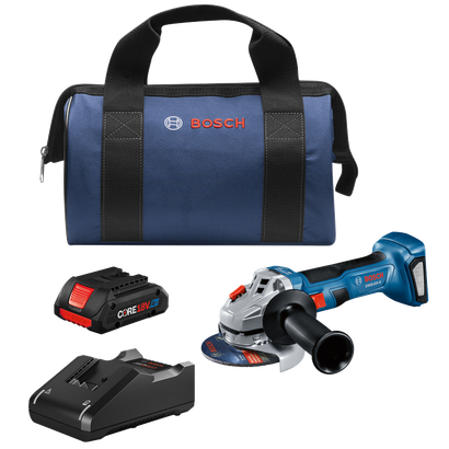 Bosch GWS18V-8 brushless angle grinder, CORE18V battery, charger and bag.