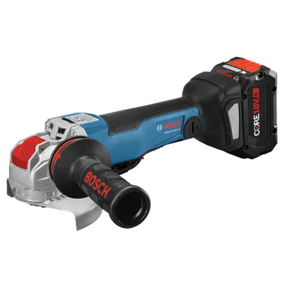 Bosch GWX18V-50PC HD angle grinder, CORE18V 8 Ah battery.