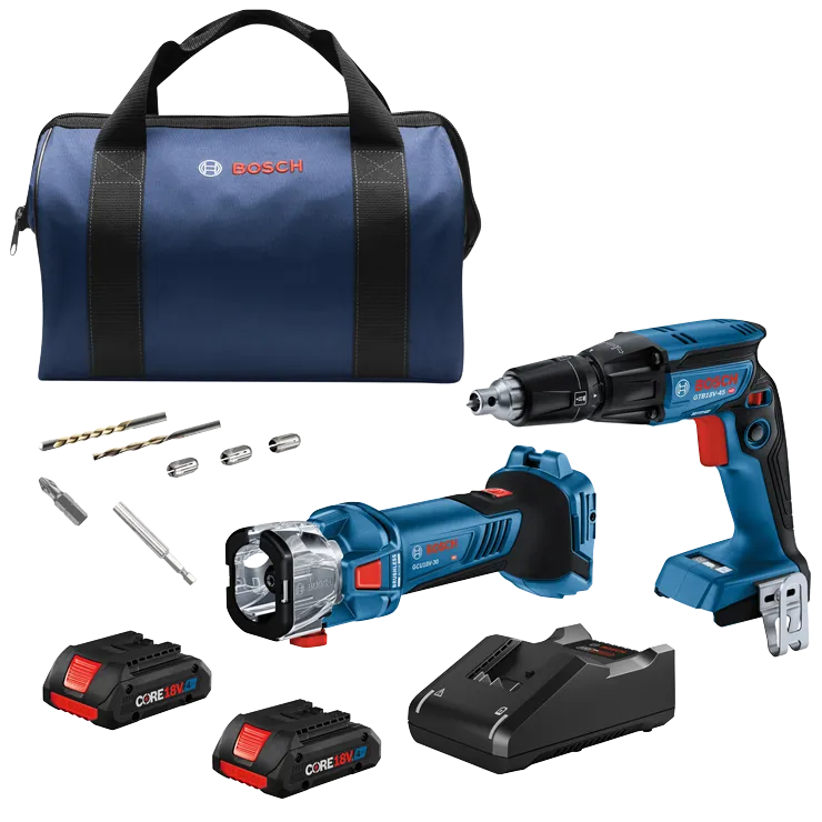 Bosch blue tote bag, Bosch GTB18V-45 HD drill, GCU18V-30 tool, CORE18V batteries, and accessories.