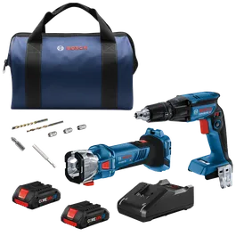 Bosch blue tote bag, Bosch GTB18V-45 HD drill, GCU18V-30 tool, CORE18V batteries, and accessories.