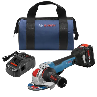 Bosch GWX18V-50PC HD angle grinder with CORE18V 8 Ah battery, charger, and a blue bag with "BOSCH" logo.