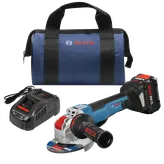 Bosch GWX18V-50PC HD angle grinder with CORE18V 8 Ah battery, charger, and a blue bag with "BOSCH" logo.