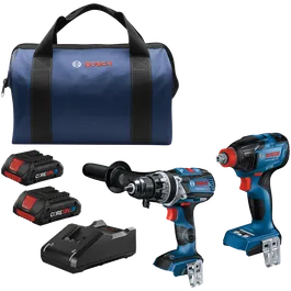 Bosch GSB18V-975C and GDX18V-1860CH drills, CORE18V batteries and charger, and a Bosch tool bag.
