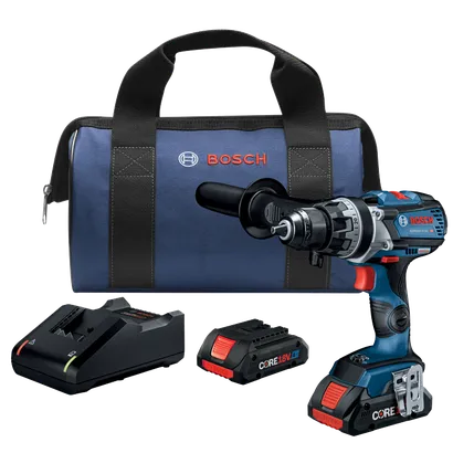 Bosch GSR18V-975C HD drill with bag, charger, and CORE 18V 4Ah battery.