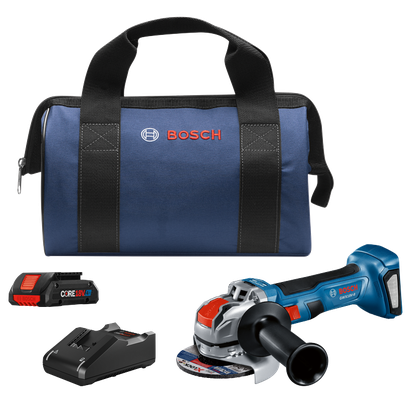 Bosch GWX18V-8 cordless grinder, Bosch CORE 18V 4 Ah battery, charger, and a blue bag with the Bosch logo.