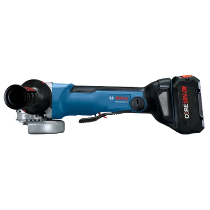 Bosch GWX18V-50PC HD angle grinder with CORE18V 8 Ah battery.
