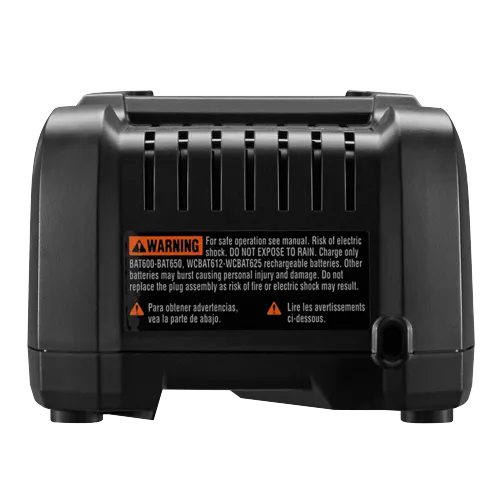 Bosch charger with 'WARNING' label; text includes 'DO NOT EXPOSE TO RAIN', BAT600-BAT650, WCBAT612-WCBAT625, and safety warnings in English, Spanish, and French.
