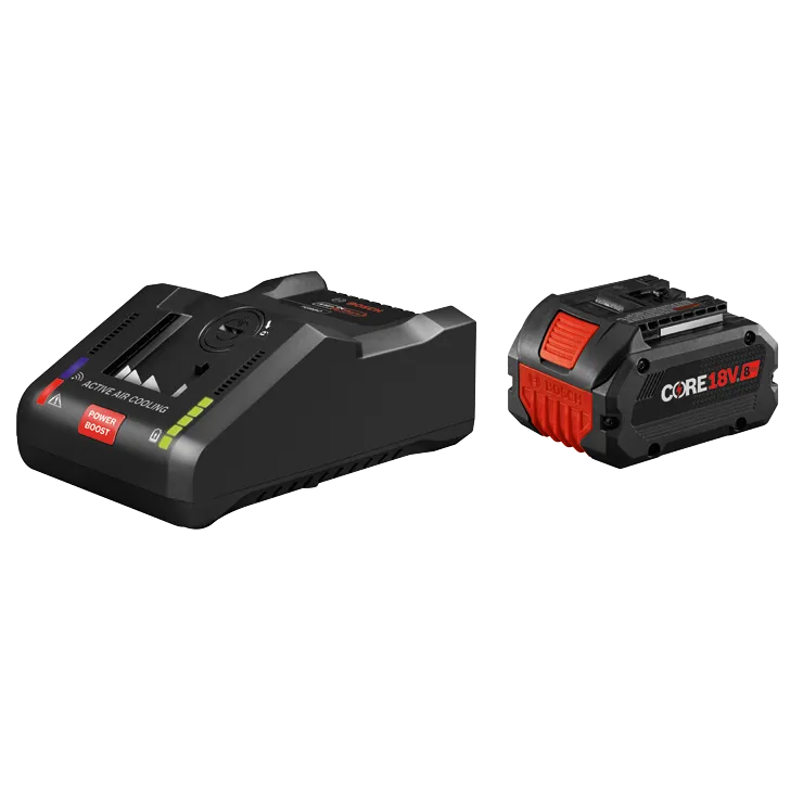 Bosch battery charger with ACTIVE AIR COOLING and POWER BOOST, and CORE18V 8Ah battery.