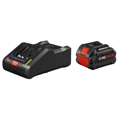 Bosch battery charger with ACTIVE AIR COOLING and POWER BOOST, and CORE18V 8Ah battery.