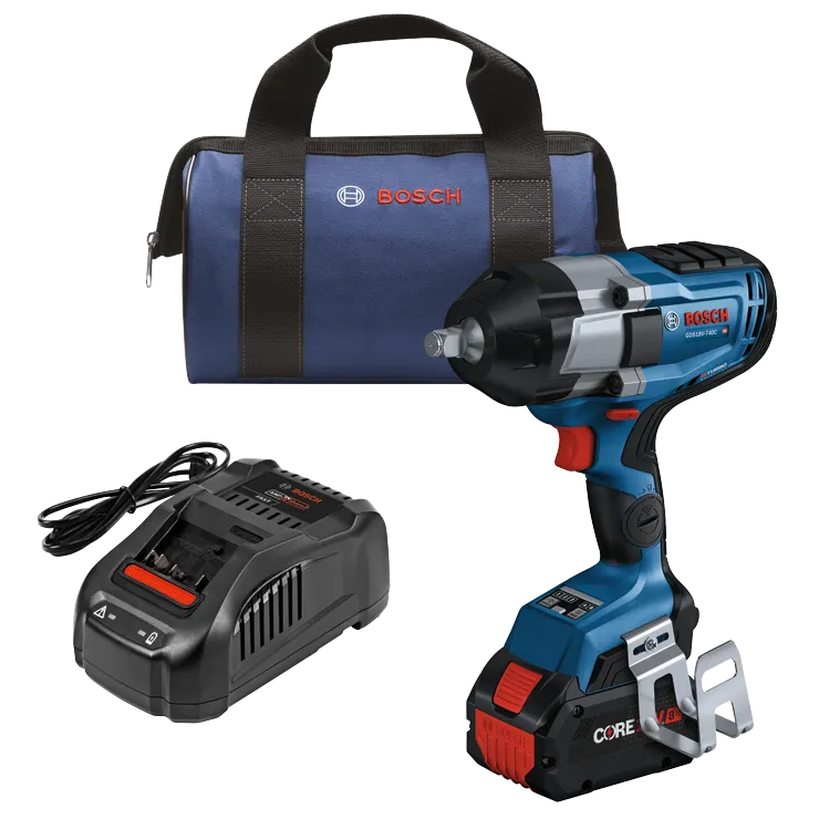 Bosch GDS18V-740C HD impact wrench kit, CORE 18V, and charger.