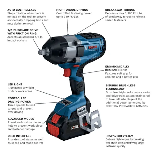 Bosch cordless impact wrench with features: AUTO BOLT RELEASE, 1/2 IN. SQUARE DRIVE WITH FRICTION RING, HIGH-TORQUE DRIVING up to 740 Ft.-Lbs., BREAKAWAY TORQUE delivers a max 1,180 Ft.-Lbs., LED LIGHT, CONTROLLED DRIVING POWER, ADVANCED MODES, USER INTERFACE, ERGONOMICALLY DESIGNED GRIP, BITURBO BRUSHLESS TECHNOLOGY, and PROFACTOR SYSTEM, model GD51RV-740C.