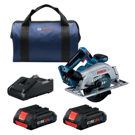 Bosch circular saw, charger, two CORE 18V 4Ah batteries, and a bag. The saw has "EDGE" and "24" visible, also "fast cut General Purpose" is printed.