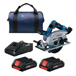 Bosch "EDGE" 6 1/2" circular saw, CORE 18V 4 Ah batteries, battery charger, and a blue carrying bag with "BOSCH" printed on it.