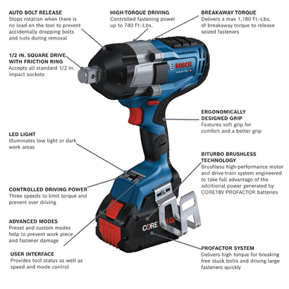 Bosch GDS18V-770C HD impact wrench, with Auto Bolt Release, High-Torque Driving up to 740 Ft.-Lbs, Breakaway Torque of 1,180 Ft.-Lbs, LED light, Controlled Driving Power, Advanced Modes, User Interface, Biturbo Brushless Technology, and ProFactor System.