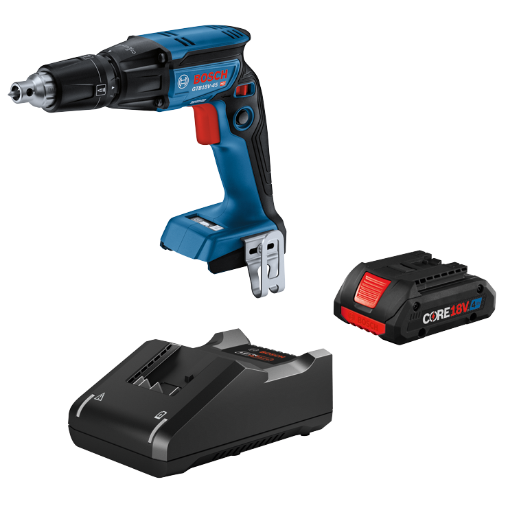 Bosch GTB18V-45 HD brushless drill, battery, and charger, with CORE 18V. 4Ah battery.