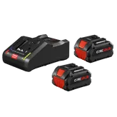 Bosch charger with "ACTIVE AIR COOLING" and "POWER BOOST" text, plus two CORE18V 8Ah batteries.