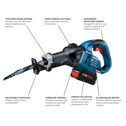 Bosch GSA18V-125 HD reciprocating saw with TOOL-FREE BLADE CHANGE, THREE ORBITAL SETTINGS, ERGONOMIC MULTI-GRIP HANDLE, ADJUSTABLE FOOTPLATE, VIBRATION CONTROL, PROFACTOR SYSTEM, and EC BRUSHLESS MOTOR.