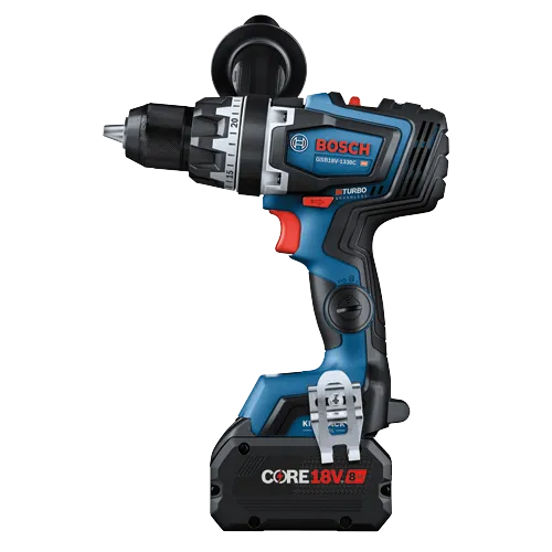 Bosch GSB18V-1330C HD drill, with Core 18V 8Ah battery.